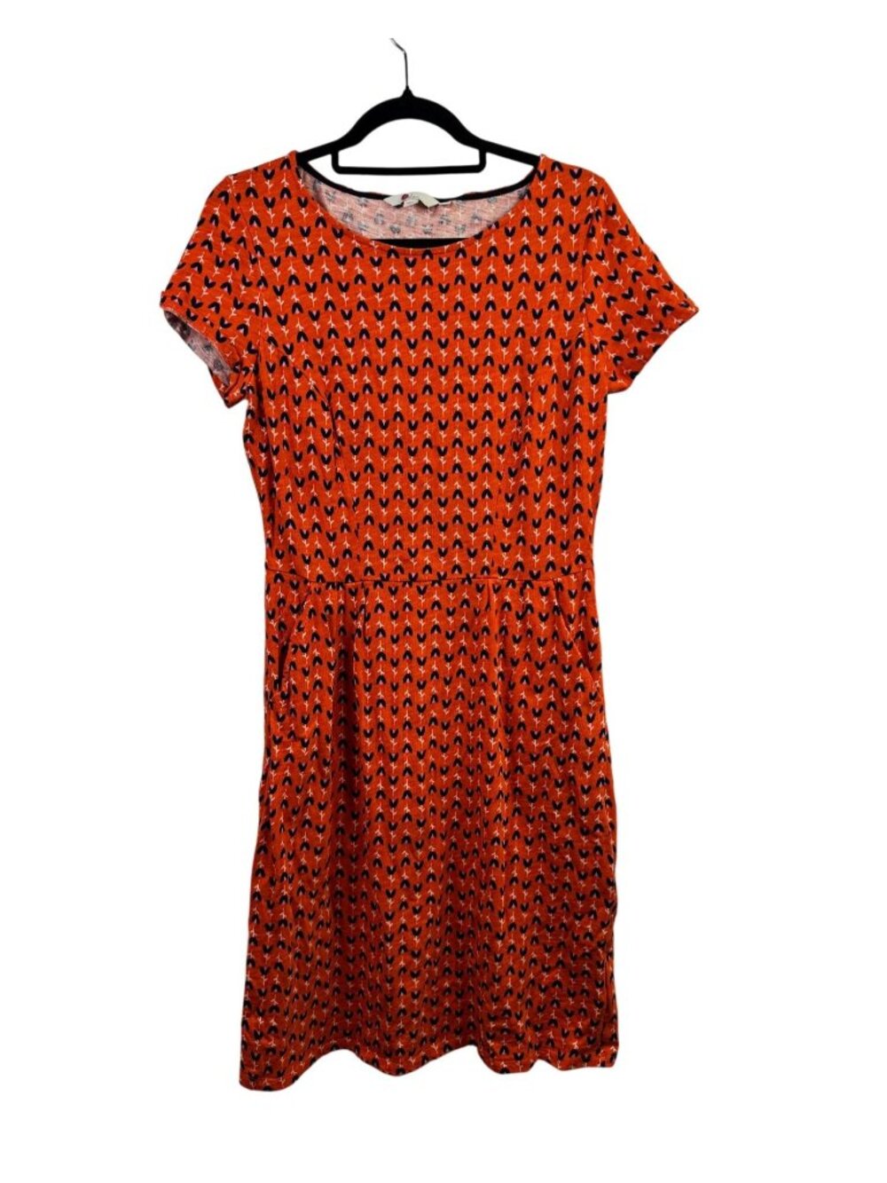 Boden Orange Floral Print Short Sleeve Dress Size 8 Boho 100% Cotton Pockets